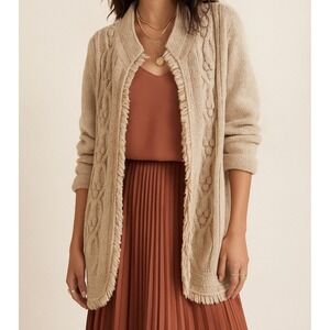 Chicos sz 3 XL Womens Wool Open Front Fringe Chunky Cable Knit Sweater Oversized